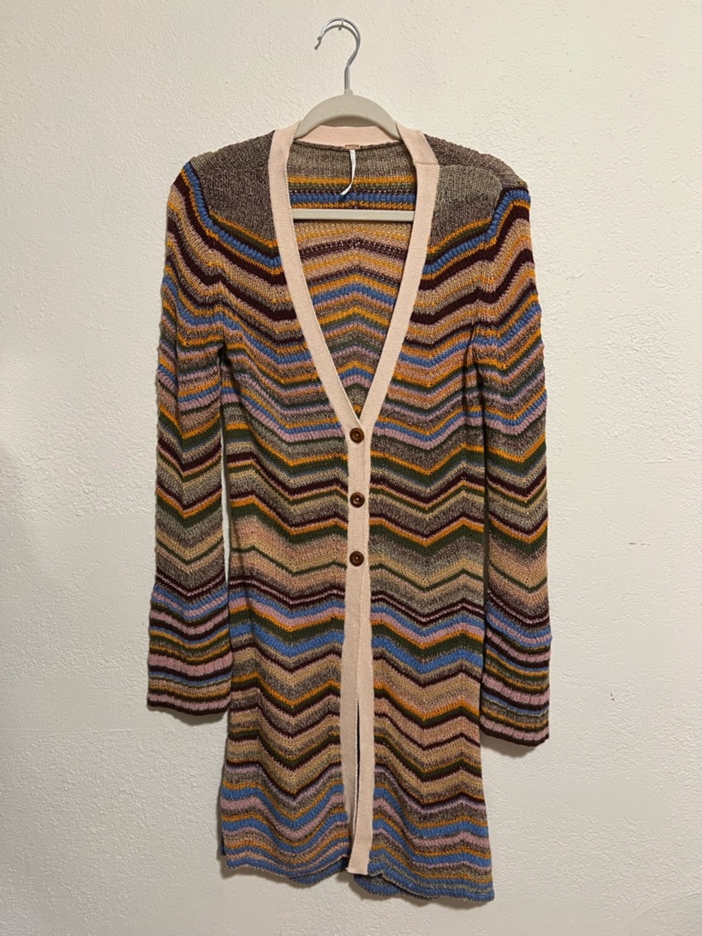 Free People Multicolor Chevron Longline Cardigan - Brown, Blue, Tan, Cream
